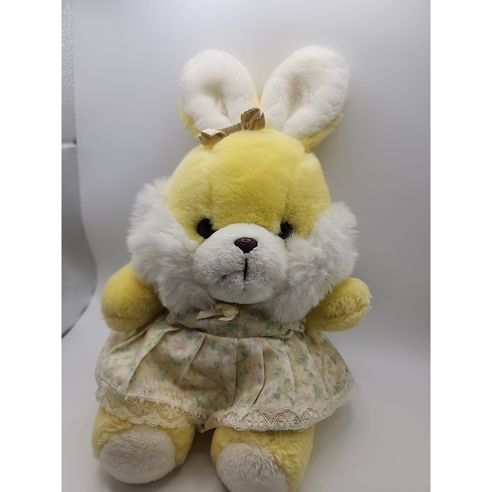 Vintage Mervyns Playful Pals Easter Bunny Cottagecore Yellow‎ Dress Floral Plush